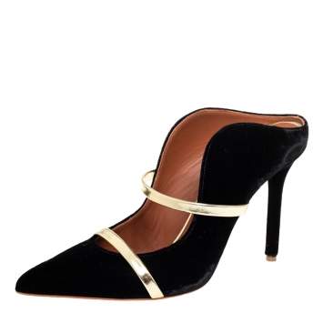 Pre Owned Malone Souliers Black Velvet Maureen  Mule Sandals Size 37.5
