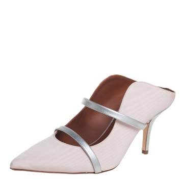 Pre Owned Malone Souliers Pink/Silver Fabric And Leather Maureen Pointed Toe Mules Sandals Size 35.5