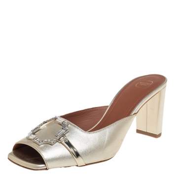 Pre Owned Malone Souliers Gold Leather Embellished Square Toe Mule Sandals Size 38.5