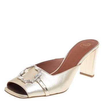 Pre Owned Malone Souliers Metallic Gold Leather Missy Open Toe Mules Size 40.5