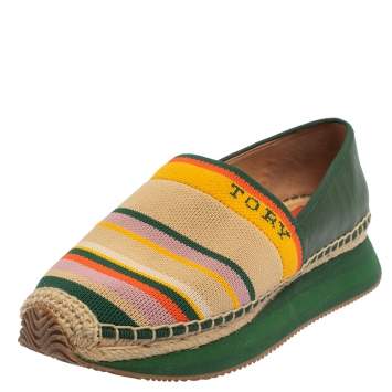 Pre Owned Tory Burch Multicolor Leather And Woven Fabric Logo Espadrilles Size 39