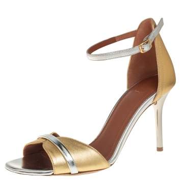 Pre Owned Malone Souliers Gold/Silver Leather Miranda Ankle Strap Sandals Size 37