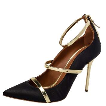 Pre Owned Malone Souliers Black/Gold Suede Robyn Ankle Strap Pumps Size 39.5