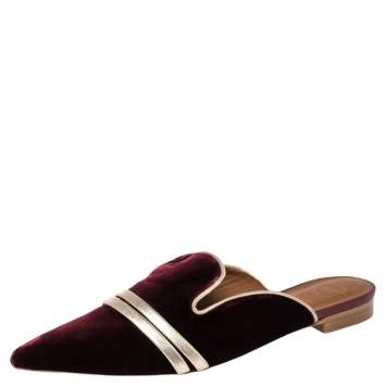 Pre Owned Malone Souliers Burgundy/Gold Leather And Velvet Mule Flats Size 38.5