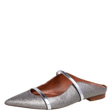 Pre Owned Malone Souliers Silver Glitter Leather Maureen Pointed Toe Flats Size 38.5