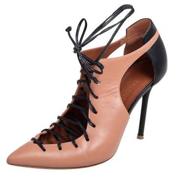 Pre Owned Malone Souliers Beige/Black Leather Montana Pointed Toe Lace Up Booties Size 38