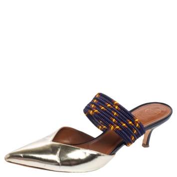 مملوكة مسبقًا Malone Souliers Metallic Gold Leather and Cord Maisie Pointed Toe Mules Size 39.5