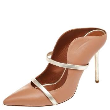 مملوكة مسبقًا Malone Souliers Beige/Gold Leather Maureen Pointed Toe Mules Size 38.5