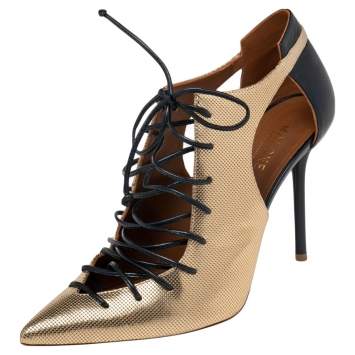 Pre Owned Malone Souliers Gold/Navy Blue Leather Montana Booties Size 37.5