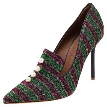 Pre Owned Malone Souliers x Natalia Vodianova Multicolor Lurex Fabric Faux Pearl Lubov Loafer Pumps Size 39