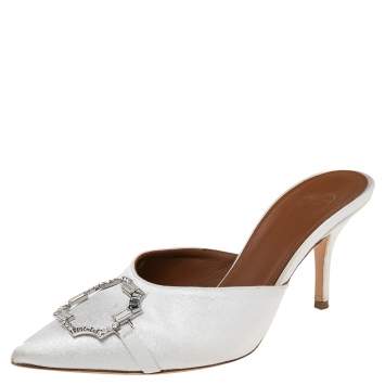 Pre Owned Malone Souliers White/Grey Satin Missy Mule Sandals Size 39