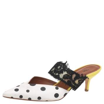 Pre Owned Malone Souliers by Emanuel Ungaro White-Black Polka Dot Satin And Lace Maisie Pointed Toe Mules Size 38
