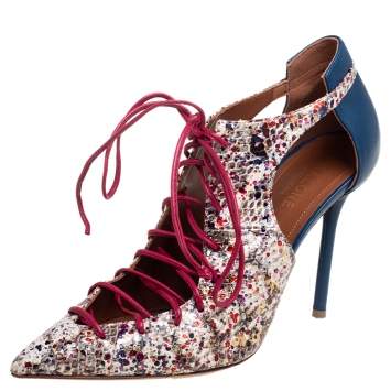 Pre Owned Malone Souliers Multicolor Python Embossed And Leather Montana Pointed Toe Lace Up Booties Size 37