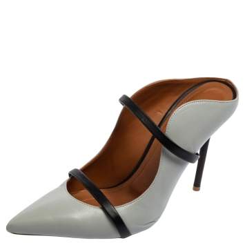Pre Owned Malone Souliers Grey/Black Leather Maureen Pointed-Toe Mule Sandals Size 39.5