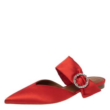 Pre Owned Malone Souliers Red Satin Maite Crystal Buckle Flats Size 40