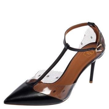 Pre Owned Malone Souliers Black PVC And Leather  T Strap  Pumps Size 39