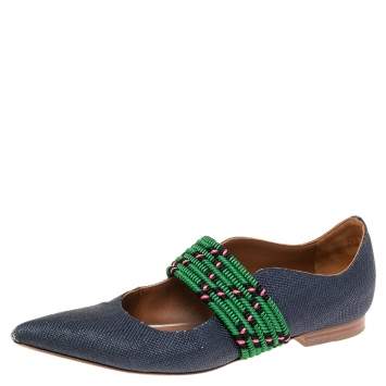 Pre Owned Malone Souliers Navy Blue/Green Canvas and Fabric Martina Luwolt Ballet Flats Size 36