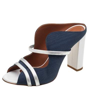 Pre Owned Malone Souliers Blue/Silver Fabric And Leather Maureen Block Heel Sandals Size 39