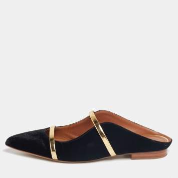 Pre Owned Malone Souliers Black/Gold Velvet and Leather Maureen Flats Size 36.5