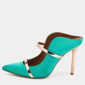 Pre Owned Malone Souliers Green/Rose Gold Satin And Leather Maureen Pointed Toe Mules Size 37