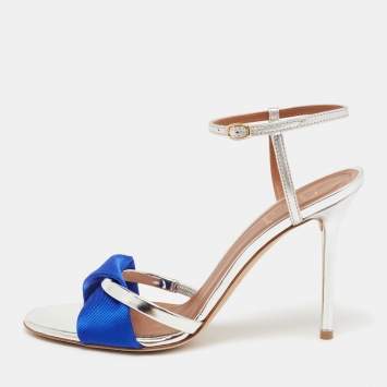 Pre Owned Malone Souliers Silver/Blue Foil Leather And Canvas Ankle Strap Sandals Size 37.5