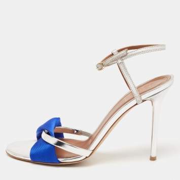 Pre Owned Malone Souliers Blue/Silver Foil Leather and Fabric Terry Ankle Strap Sandals Size 38.5