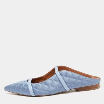 Pre Owned Malone Souliers Blue Quilted Satin and Leather Maureen Flats Size 38