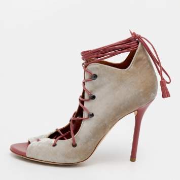 Pre Owned Malone Souliers Grey/Pink Velvet and Leather Savannah Ankle Wrap Sandals Size 36
