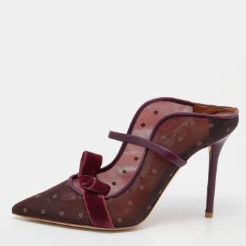 Pre Owned Malone Souliers Burgundy Polka Dot Mesh And Velvet Maureen Bow Mules Size 37