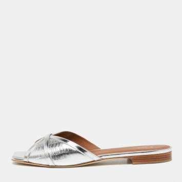 Pre Owned Malone Souliers Metallic Silver Croc Embossed Leather Perla  Flat Sandals Size 38.5