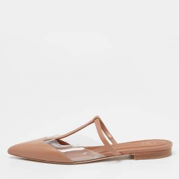 Pre Owned Malone Souliers Light Brown Leather and PVC Ann T-Bar Flats Size 40