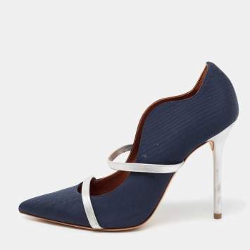 Pre Owned Malone Souliers Navy Blue/Silver Moire Canvas and Leather Maureen Pumps Size 38