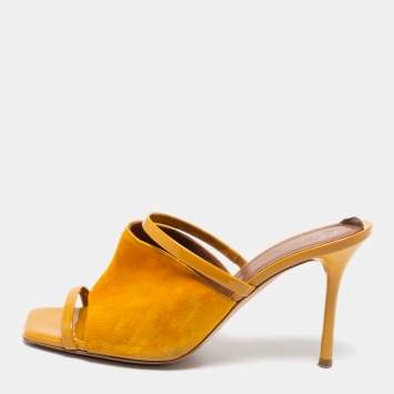 مملوكة مسبقًا Malone Souliers Mustard Yellow Suede and Patent Leather Laney Slide Sandals Size 38