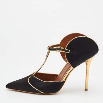 Pre Owned Malone Souliers Black/Gold Satin And Leather Imogen Pointed Toe Sandals Size 40