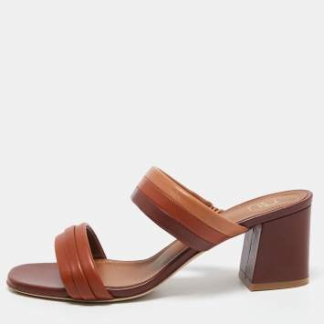 Pre Owned Malone Souliers Brown/Tan Leather Double Strap Slide Sandals Size 38.5