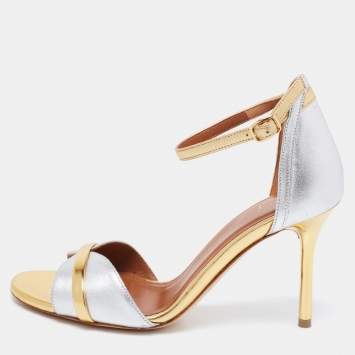 Pre Owned Malone Souliers Gold/Silver Leather Miranda Ankle Strap Sandals Size 35