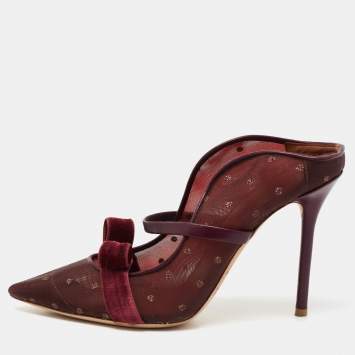 مملوكة مسبقًا Malone Souliers Burgundy Polka Dot Mesh And Leather Marguerite Bow Mules Size 37