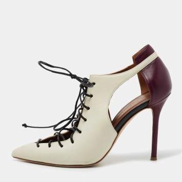 مملوكة مسبقًا Malone Souliers Off-White/Purple Leather Montana Lace Up Pointed Toe Pumps Size 36