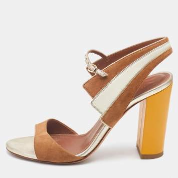 Pre Owned Malone Souliers Brown/Cream Leather And Suede Block Heel Ankle Strap Sandals Size 36