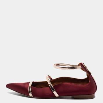 Pre Owned Malone Souliers Burgundy/Leather Satin Maureen  Ballet Flats Size 40