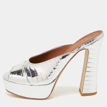 Pre Owned Malone Souliers Metallic Silver Leather Yasmine Open Toe Block heel Sandals Size 40