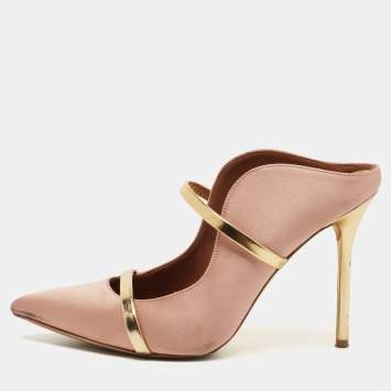 Pre Owned Malone Souliers Pink/Gold Leather and Satin Maureen Mules Size 39