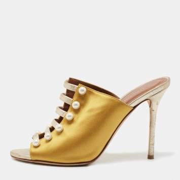 مملوكة مسبقًا Malone Souliers Yellow/Gold Satin and Leather Zada Mules Size 38.5