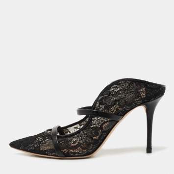 Pre Owned Malone Souliers Black Lace and Leather Maureen Mules Size 37.5