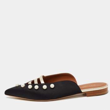 مملوكة مسبقًا Malone Souliers Black/Gold Satin and Leather Zelda Flat Mules Size 38
