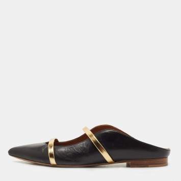Pre Owned Malone Souliers Black/Gold Leather Maureen Flats Size 37.5