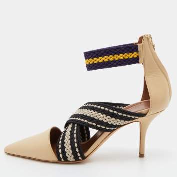 Pre Owned Malone Souliers x Roksanda Tricolor Leather and Woven Canvas Dana Ankle Strap Pumps Size 40