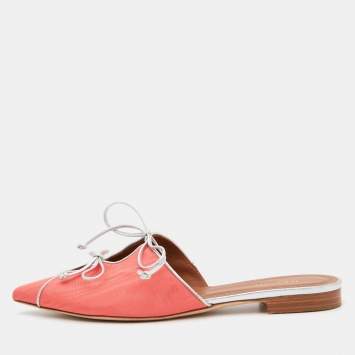 Pre Owned Malone Souliers Orange/Silver Canvas Annie Lace Up Flat Mules Size 38.5