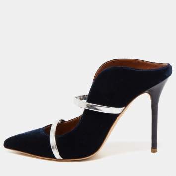 مملوكة مسبقًا Malone Souliers Navy Blue/Silver Velvet and Leather Maureen Mules Size 39