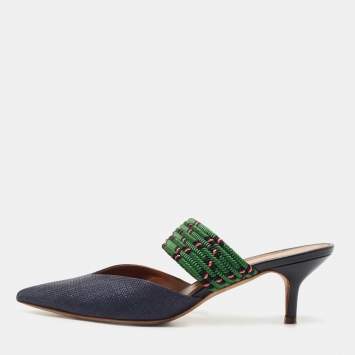 Pre Owned Malone Souliers Navy Blue/Green Raffia Maisie Mules Size 39.5